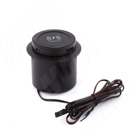 ПУФФ Выдвижной блок розеток, d=60 мм, 1 USB, 1 USB Type-C, 12V беспроводная зарядка, 15W, черный, PUFF (PU-60-1A1C-W-BL)