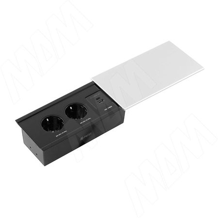 СЛАЙД Блок розеток со сдвижной крышкой, 190*100 мм, 2 розетки, 1 USB, 1 USB Type-C, быстрая зарядка, серебро, SLIDE (SLS-S-2S1A1C-F-AL)