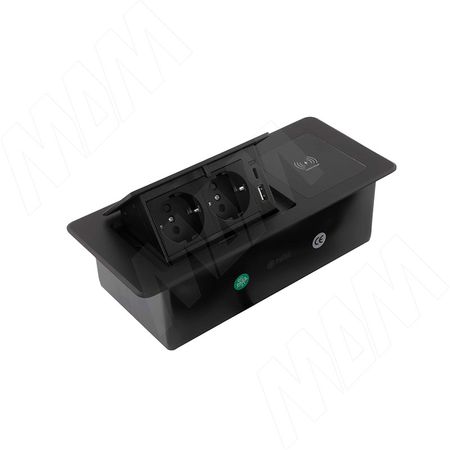ПОП-АП Выдвижной блок розеток, 265*118 мм, 2 розетки, 1 USB, 1 USB Type-C, быстрая зарядка, беспроводная зарядка, черный, POP-UP (PU-S-2S1A1C-FW-BL)