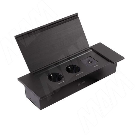 ФЛИП Блок розеток с откидной крышкой, 280*103 мм, 2 розетки, 1 USB, 1 USB Type-C, быстрая зарядка, черный, FLIP (FU-S-2S1A1C-F-BL)