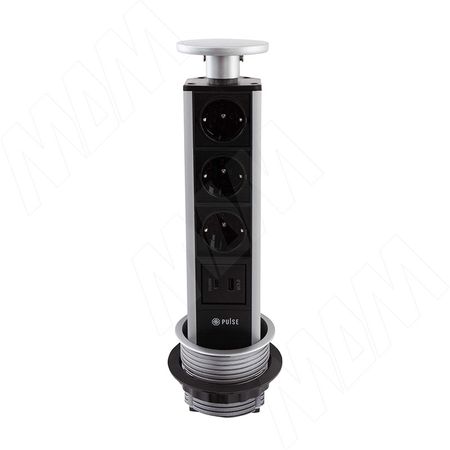 ПОСТ Выдвижной блок розеток, d=90 мм, 3 розетки, 1 USB, 1 USB Type-C, быстрая зарядка, серебро, POST (PO-90-3S1A1C-F-AL)