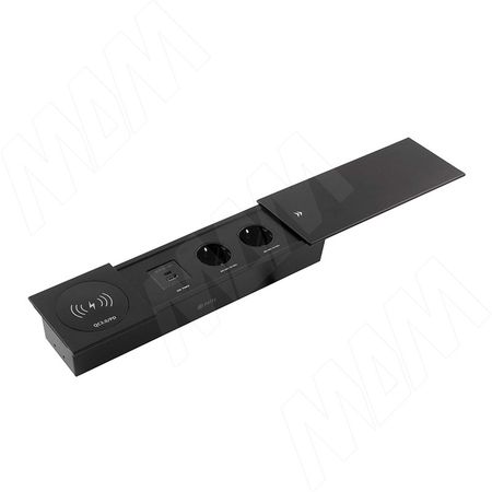 СЛАЙД Блок розеток со сдвижной крышкой, 350*100 мм, 2 розетки, 1 USB, 1 USB Type-C, быстрая зарядка, беспроводная зарядка, черный, SLIDE (SLS-S-2S1A1C-FW-BL)