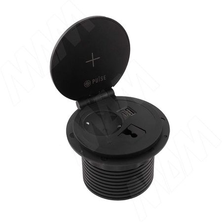 ФЛИП Блок розеток с откидной крышкой, d=105 мм, 1 розетка, 1 USB, 1 USB Type-C, быстрая зарядка, беспроводная зарядка, черный, FLIP (FU-80-1S1A1C-FWH-BL)