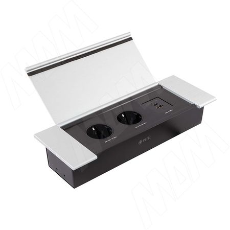 ФЛИП Блок розеток с откидной крышкой, 285*103 мм, 2 розетки, 1 USB, 1 USB Type-C, быстрая зарядка, серебро, FLIP (FU-S-2S1A1C-F-AL)