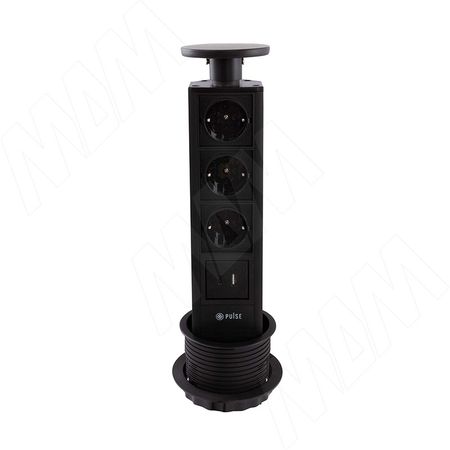 ПОСТ Выдвижной блок розеток, d=90 мм, 3 розетки, 1 USB, 1 USB Type-C, черный, POST (PO-90-3S1A1C-BL)