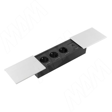 СЛАЙД Блок розеток с раздвижными крышками, 280х72 мм, 3 розетки, 1 USB, 1 USB Type-C, быстрая зарядка, серебро, SLIDE (SLS-S-3S1A1C-F2-Al)