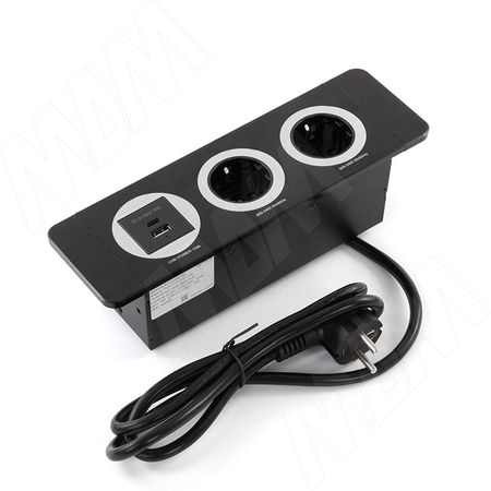 ДЕСК Открытый блок розеток, 254*80 мм, 2 розетки, 1 USB, 1 USB Type-C, быстрая зарядка, черный, DESK (DS-S-2S1A1C-F-BL)