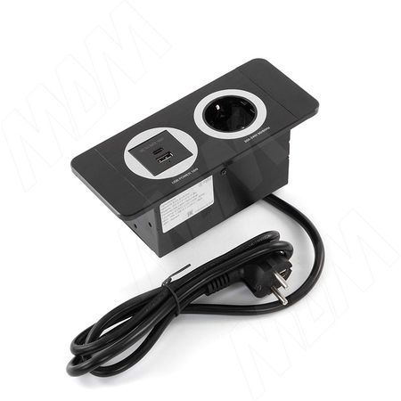 ДЕСК Открытый блок розеток, 188*80 мм, 1 розетка, 1 USB, 1 USB Type-C, быстрая зарядка, черный, DESK (DS-S-1S1A1C-F-BL)