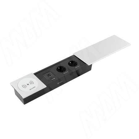 СЛАЙД Блок розеток со сдвижной крышкой, 350*100 мм, 2 розетки, 1 USB, 1 USB Type-C, быстрая зарядка, беспроводная зарядка, серебро, SLIDE (SLS-S-2S1A1C-FW-AL)