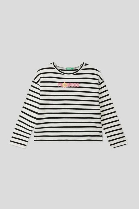 Лонгслив хлопковый в полоску с принтом Benetton