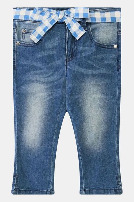 Джинсы из денима с поясом в клетку Benetton