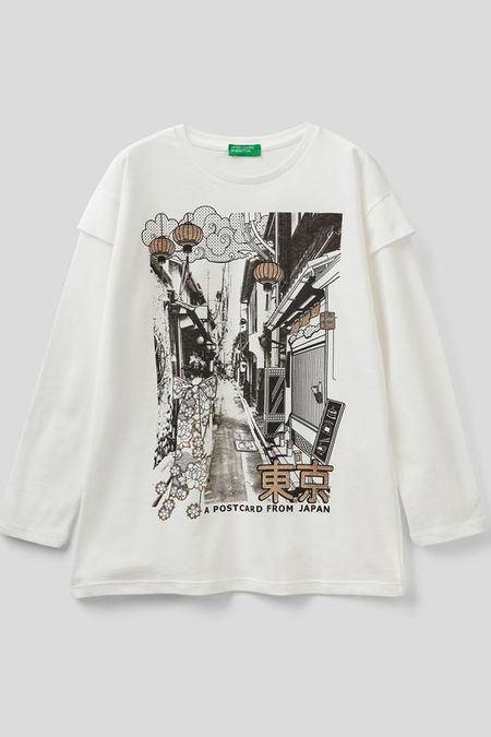 Хлопковый лонгслив с принтом Benetton