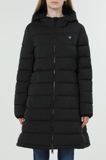 Пуховик удлиненный с капюшоном и молниями по бокам Guess